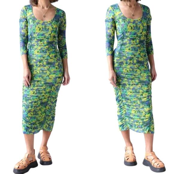 GANNI Ruched Mesh Dress Sulphur Spring Green Yellow Floral Midi 38 Wedding Guest - Picture 4 of 14